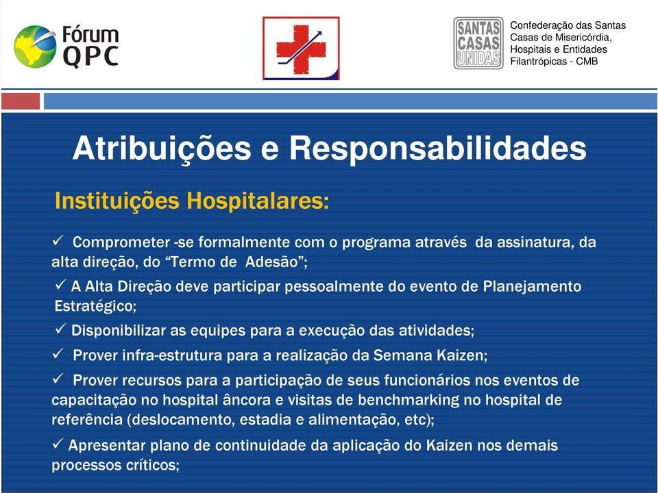 infra-estrutura para a realização da Semana Kaizen; Prover recursos para a participação de seus funcionários nos eventos de capacitação no hospital âncora e