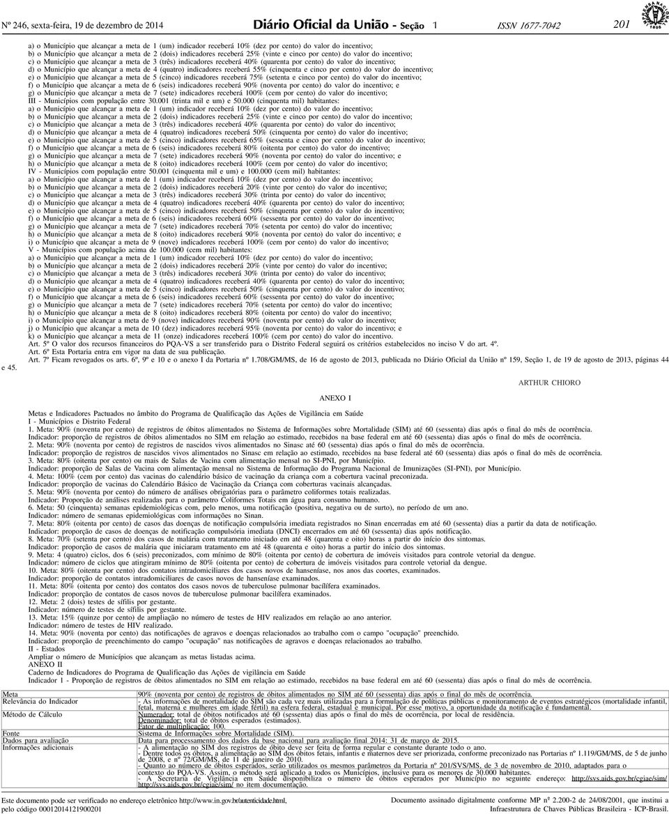 (quarenta por cento) do valor do incentivo; d) o Município que alcançar a meta de 4 (quatro) indicadores receberá 55% (cinquenta e cinco por cento) do valor do incentivo; e) o Município que alcançar