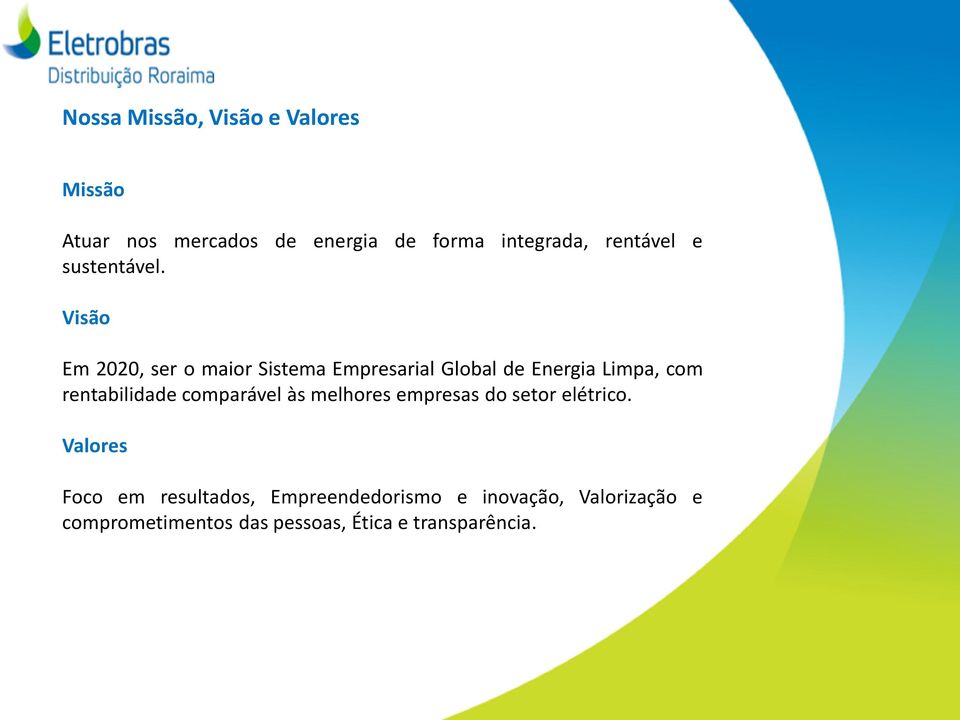 Visão Em 2020, ser o maior Sistema Empresarial Global de Energia Limpa, com rentabilidade