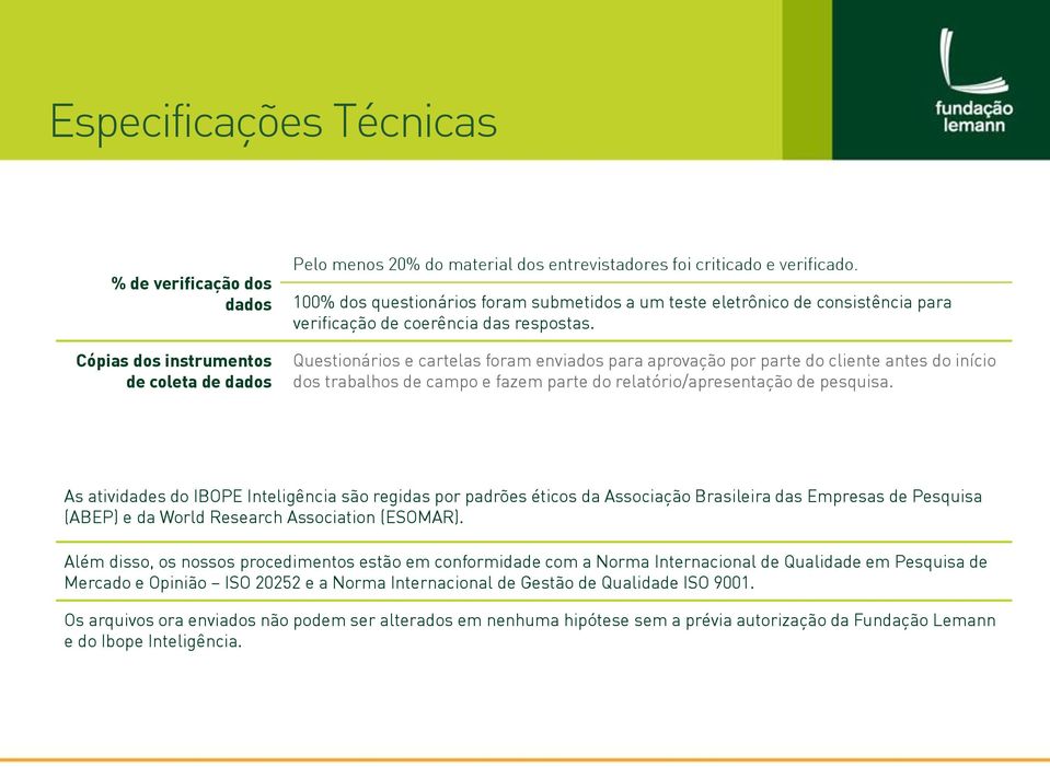 Questionários e cartelas foram enviados para aprovação por parte do cliente antes do início dos trabalhos de campo e fazem parte do relatório/apresentação de pesquisa.