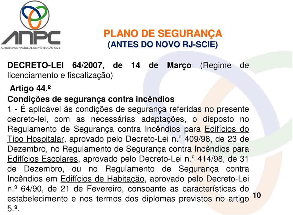 Incêndios para Edifícios do Tipo Hospitalar, aprovado pelo Decreto-Lei n.