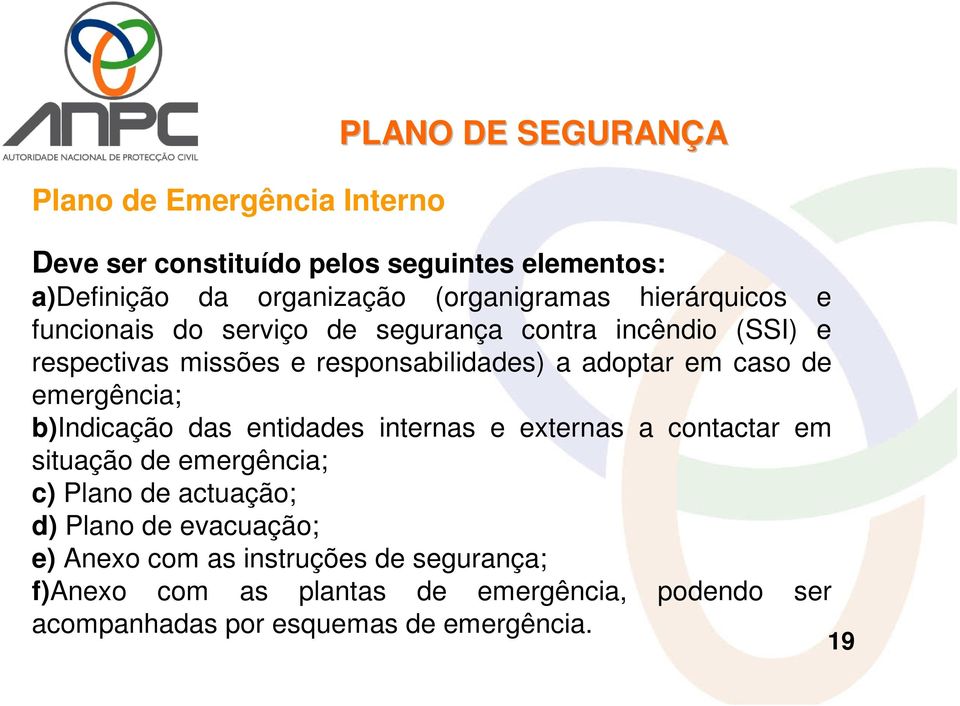 emergência; b)indicação das entidades internas e externas a contactar em situação de emergência; c) Plano de actuação; d) Plano de