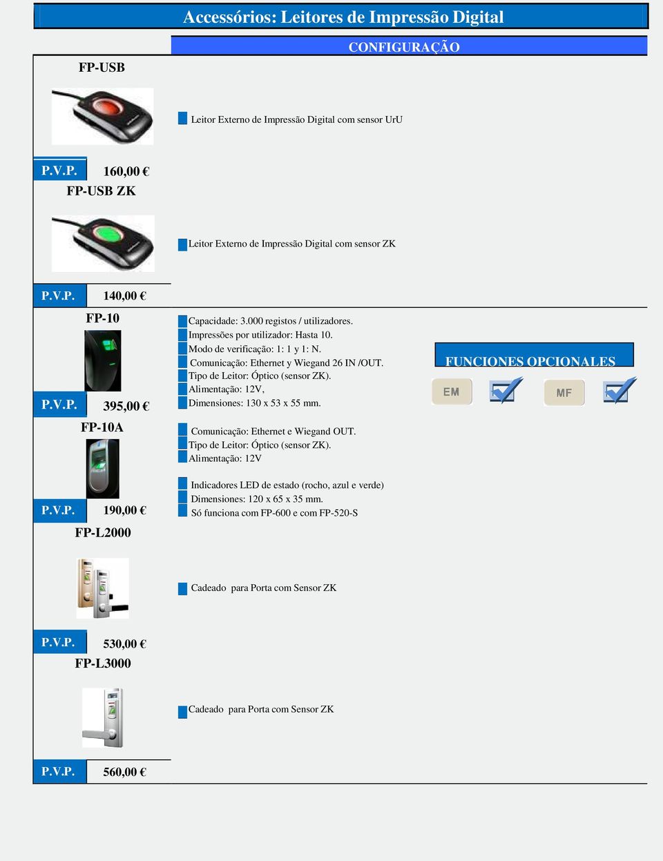 Leitor: Óptico (sensor ZK) Alimentação: 12V, Dimensiones: 130 x 53 x 55 mm Comunicação: Ethernet e Wiegand OUT Tipo de Leitor: Óptico (sensor ZK) Alimentação: 12V Indicadores LED de estado