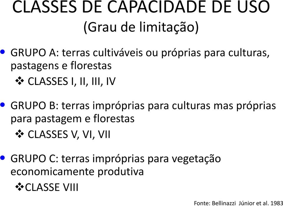 para culturas mas próprias para pastagem e florestas CLASSES V, VI, VII GRUPO C: terras