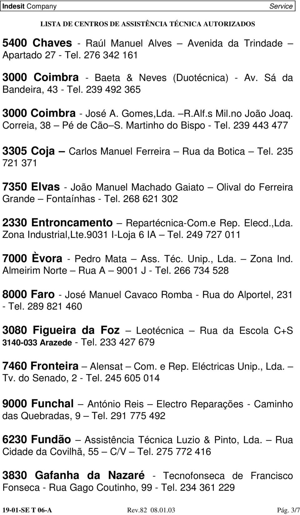 235 721 371 7350 Elvas - João Manuel Machado Gaiato Olival do Ferreira Grande Fontaínhas - Tel. 268 621 302 2330 Entroncamento Repartécnica-Com.e Rep. Elecd.,Lda. Zona Industrial,Lte.