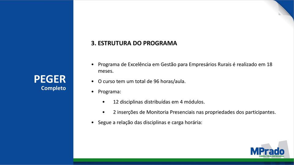 Programa: 12 disciplinas distribuídas em 4 módulos.