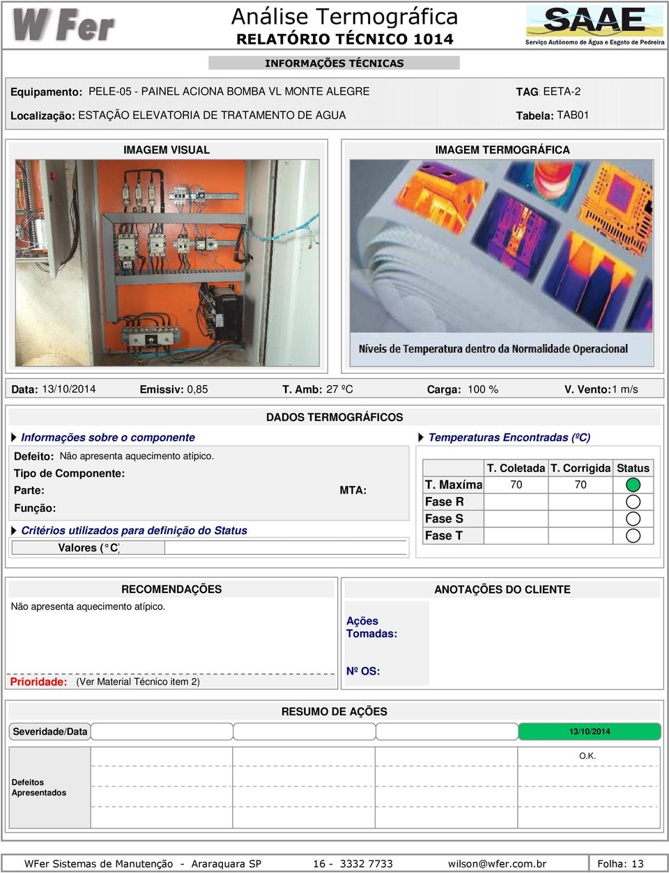 Tipo de Componente: Critérios utilizados para definição do MTA: 70 70 Não apresenta aquecimento