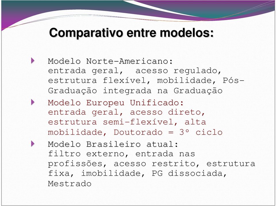 acesso direto, estrutura semi-flexível, alta mobilidade, Doutorado = 3º ciclo Modelo Brasileiro