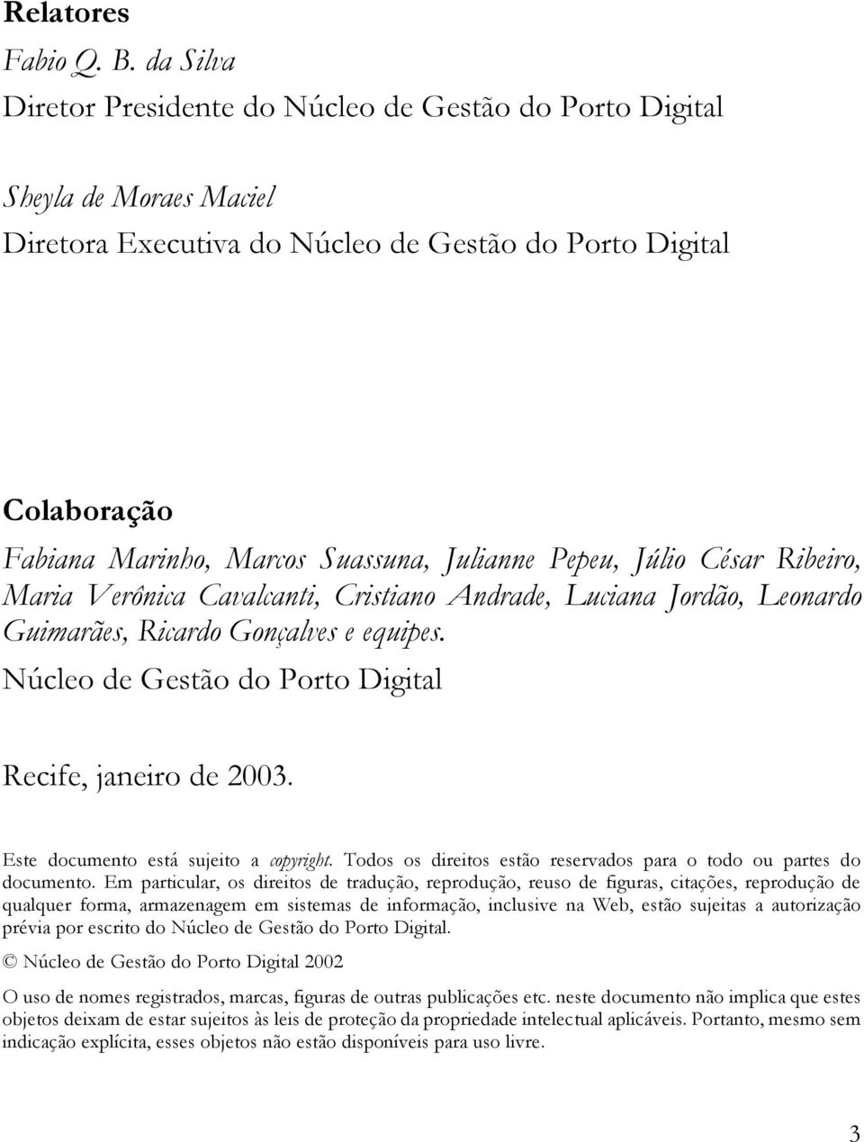 Pepeu, Júlio César Ribeiro, Maria Verônica Cavalcanti, Cristiano Andrade, Luciana Jordão, Leonardo Guimarães, Ricardo Gonçalves e equipes. Núcleo de Gestão do Porto Digital Recife, janeiro de 2003.