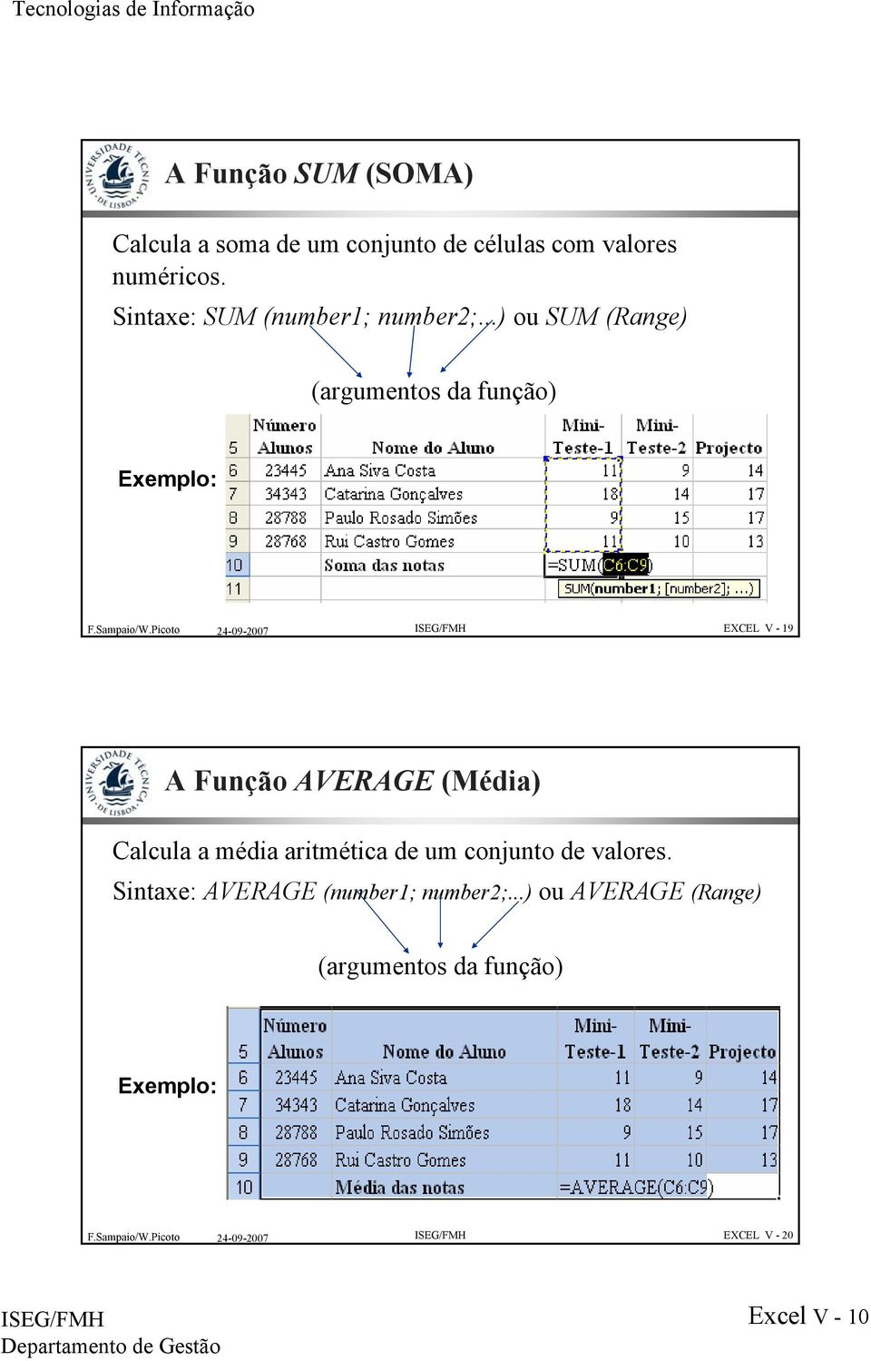 ..) ou SUM (Range) (argumentos da função) Exemplo: EXCEL V - 19 A Função AVERAGE (Média)