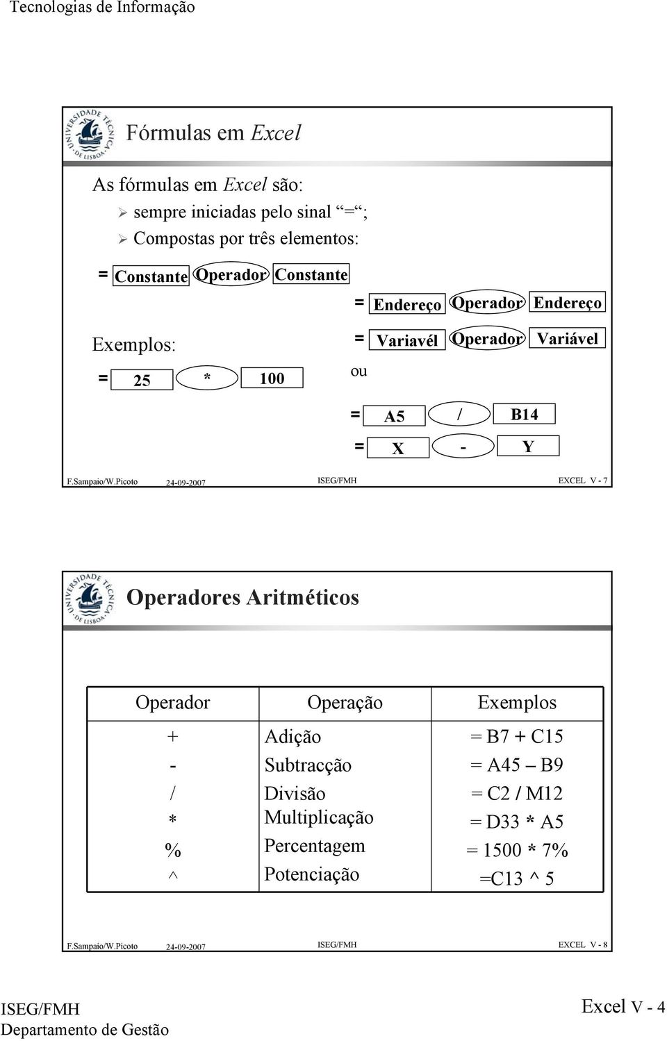 / B14 = X - Y EXCEL V - 7 Operadores Aritméticos Operador Operação Exemplos + - / * % ^ Adição Subtracção Divisão