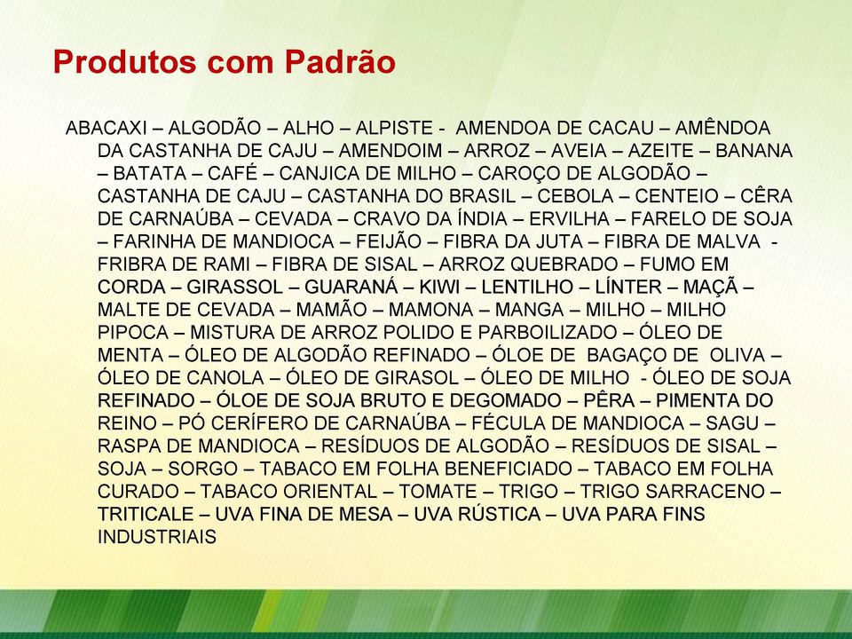 FUMO EM CORDA GIRASSOL GUARANÁ KIWI LENTILHO LÍNTER MAÇÃ MALTE DE CEVADA MAMÃO MAMONA MANGA MILHO MILHO PIPOCA MISTURA DE ARROZ POLIDO E PARBOILIZADO ÓLEO DE MENTA ÓLEO DE ALGODÃO REFINADO ÓLOE DE