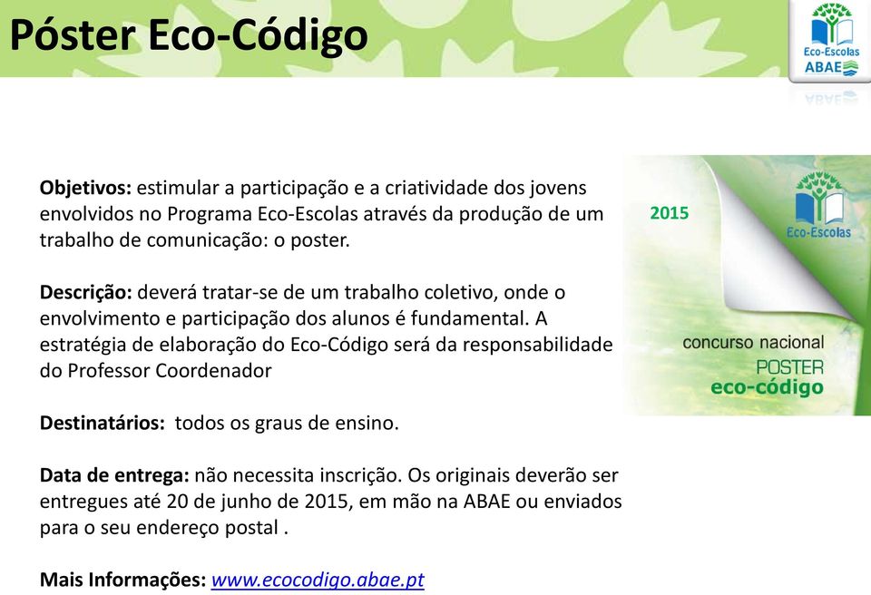 A estratégia de elaboração do Eco-Código será da responsabilidade do Professor Coordenador Destinatários: todos os graus de ensino.