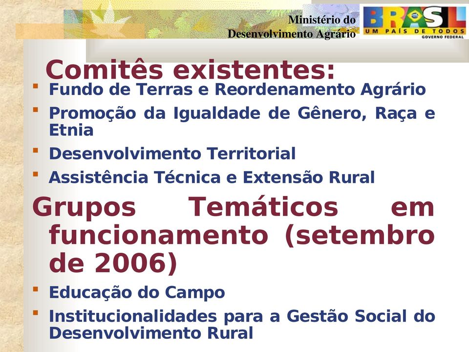 Técnica e Extensão Rural Grupos Temáticos em funcionamento (setembro de