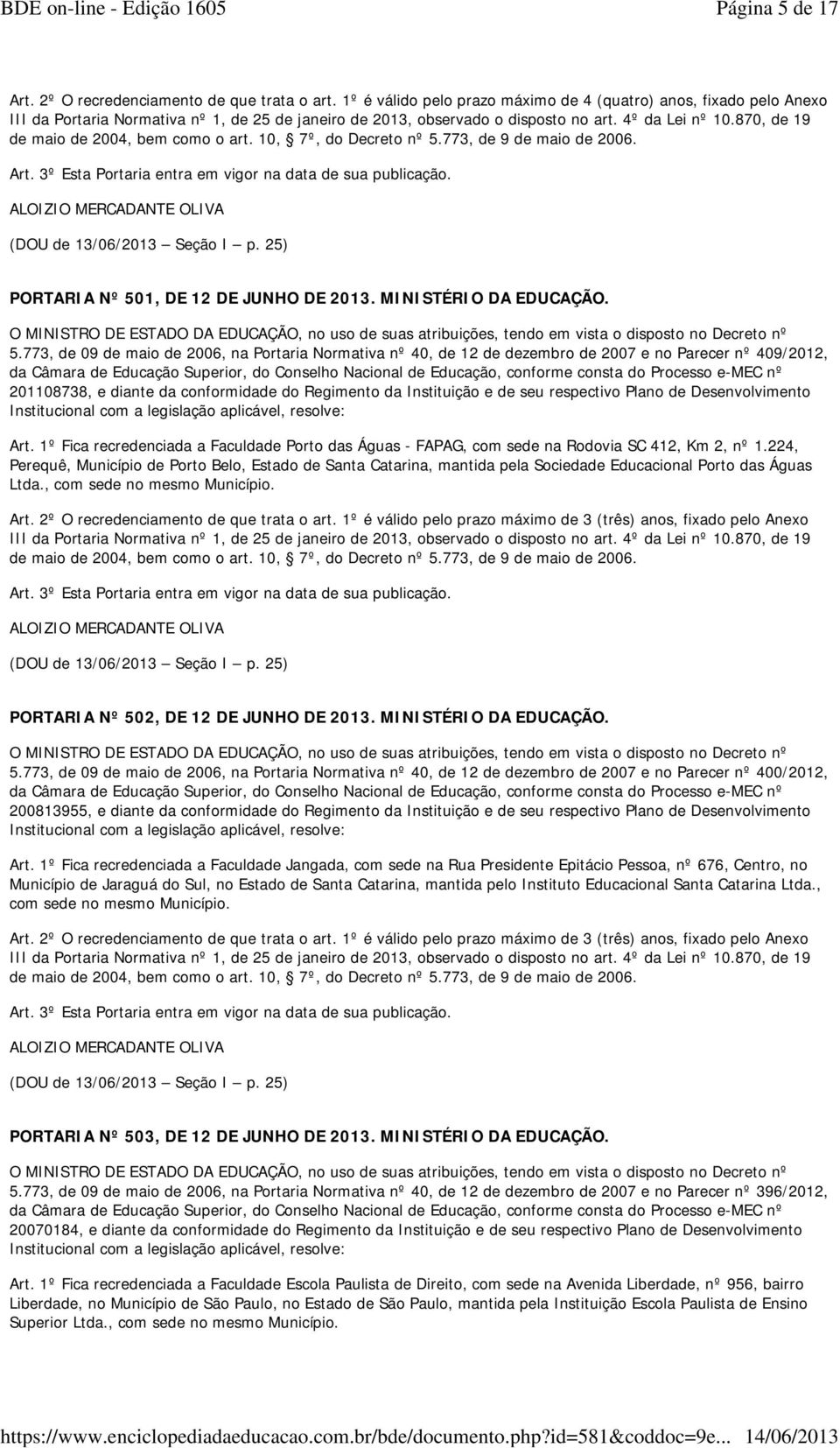 1, DE 12 DE JUNHO DE 2013. MINISTÉRIO DA EDUCAÇÃO. 5.