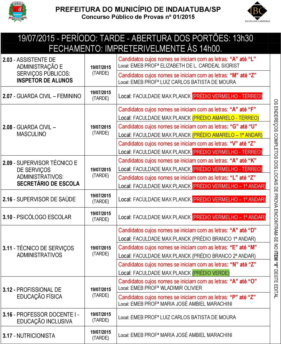 CARDEAL SIGRIST Candidatos cujos nomes se iniciam com as letras: M até Z 2.07 - GUARDA CIVIL FEMININO 2.08 - GUARDA CIVIL MASCULINO 2.