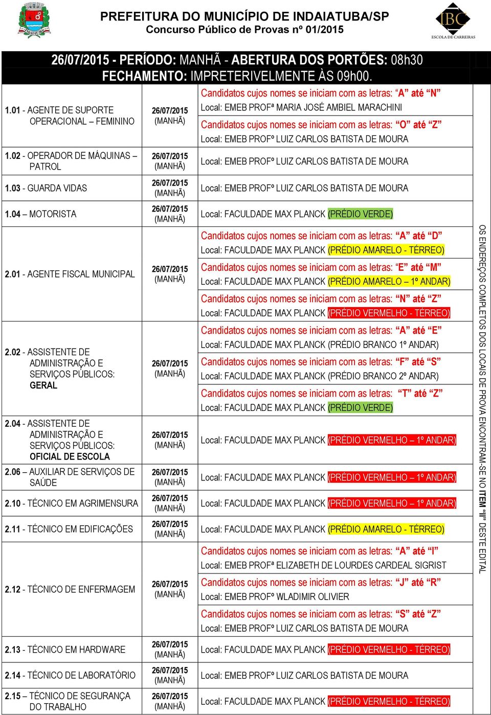 03 - GUARDA VIDAS 1.04 MOTORISTA 2.01 - AGENTE FISCAL MUNICIPAL 2.02 - ASSISTENTE DE GERAL 2.04 - ASSISTENTE DE OFICIAL DE ESCOLA 2.06 AUXILIAR DE SERVIÇOS DE SAÚDE 2.10 - TÉCNICO EM AGRIMENSURA 2.