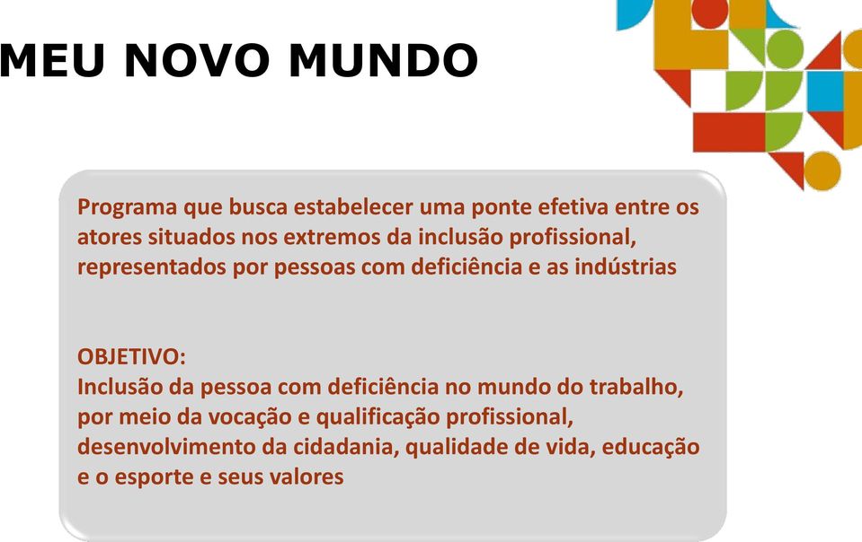 OBJETIVO: Inclusão da pessoa com deficiência no mundo do trabalho, por meio da vocação e