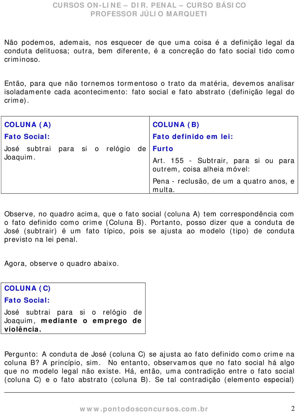 COLUNA (A) Fato Social: José subtrai para si o relógio de Joaquim. COLUNA (B) Fato definido em lei: Furto Art.