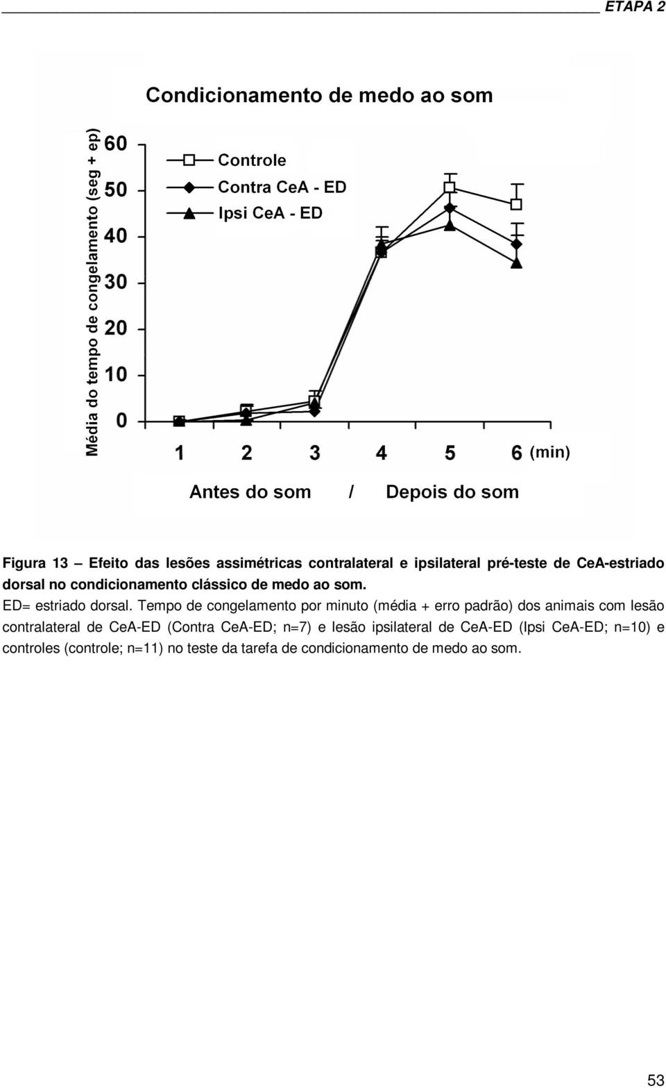 Tempo de congelamento por minuto (média + erro padrão) dos animais com lesão contralateral de CeA-ED