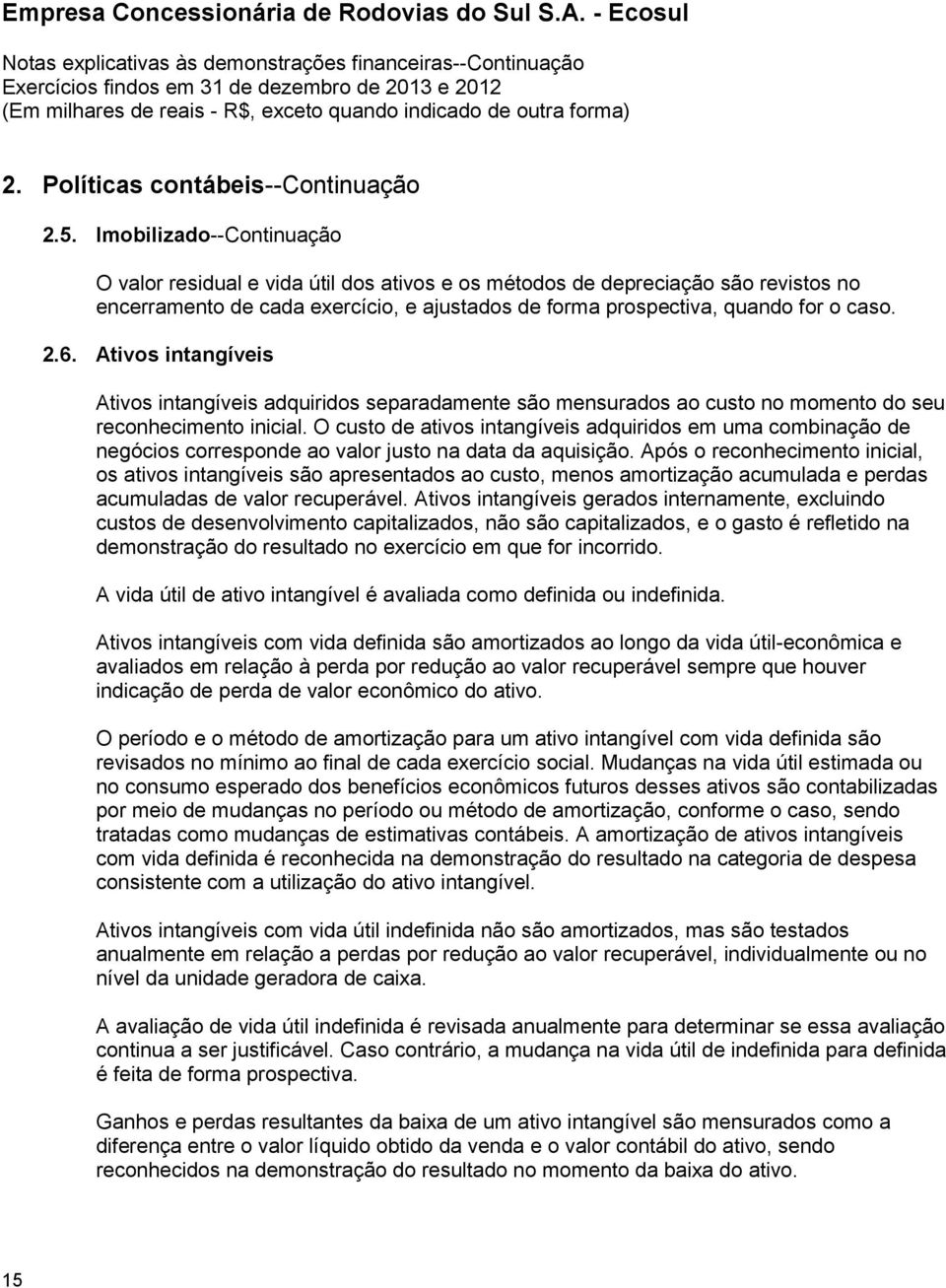 Ativos intangíveis Ativos intangíveis adquiridos separadamente são mensurados ao custo no momento do seu reconhecimento inicial.