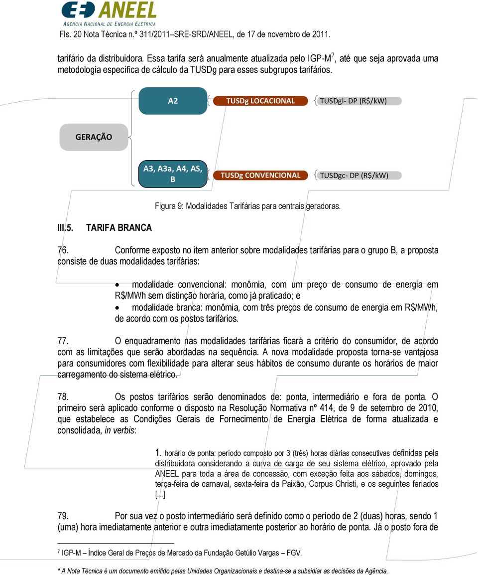 A2 TUSDg LOCACIONAL TUSDgl- DP (R$/kW) GERAÇÃO A3, A3a, A4, AS, B TUSDg CONVENCIONAL TUSDgc- DP (R$/kW) Figura 9: Modalidades Tarifárias para centrais geradoras. III.5. TARIFA BRANCA 76.