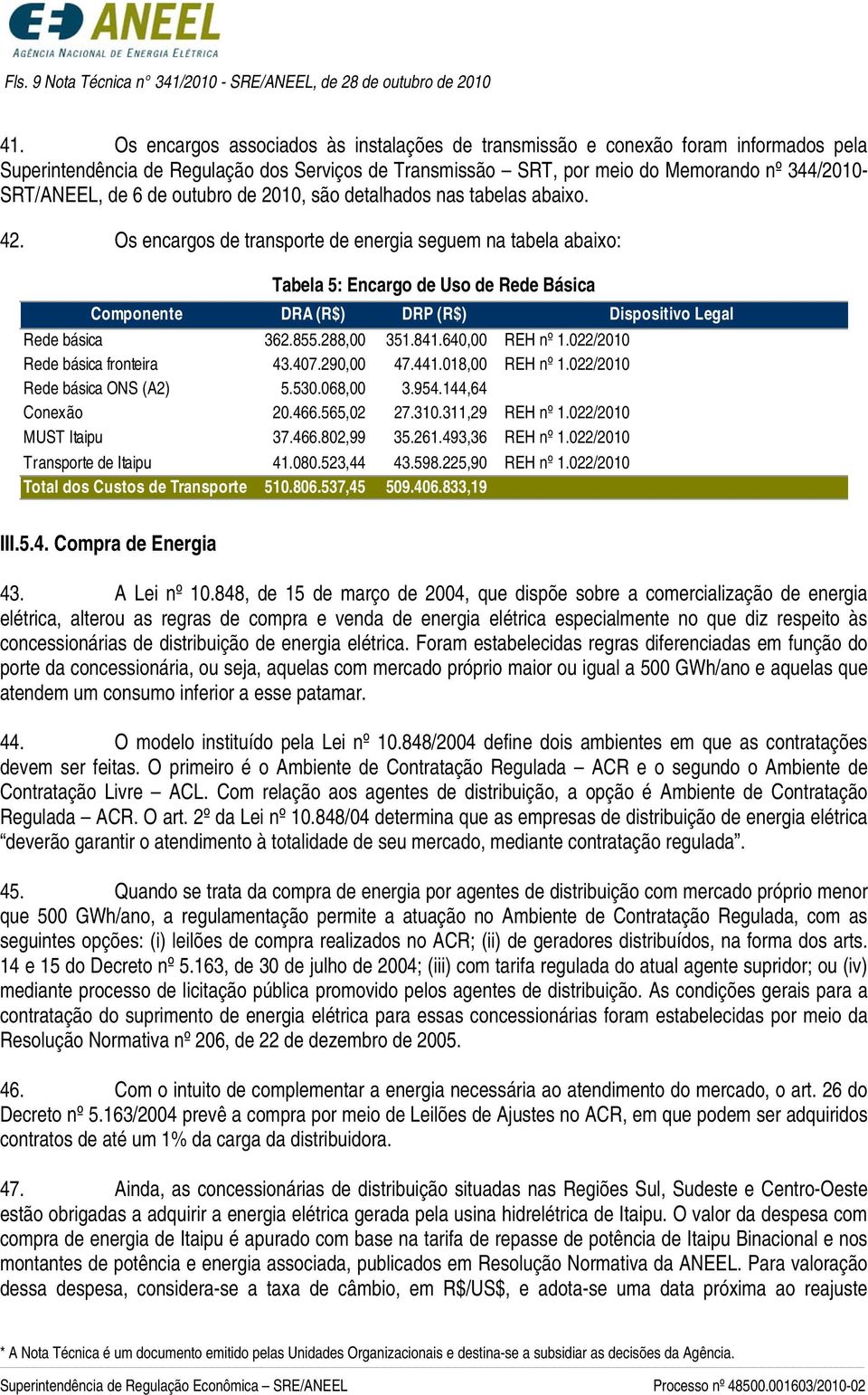 de outubro de 2010, são detalhados nas tabelas abaixo. 42.