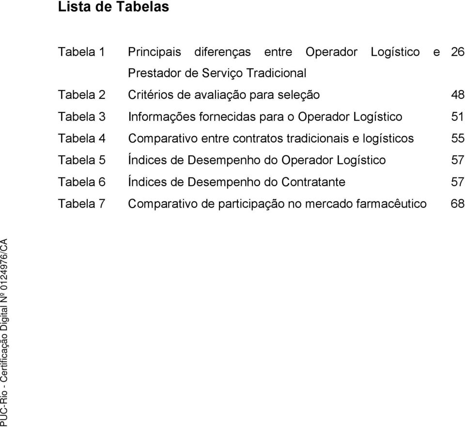 Tabela 4 Comparativo entre contratos tradicionais e logísticos 55 Tabela 5 Índices de Desempenho do Operador