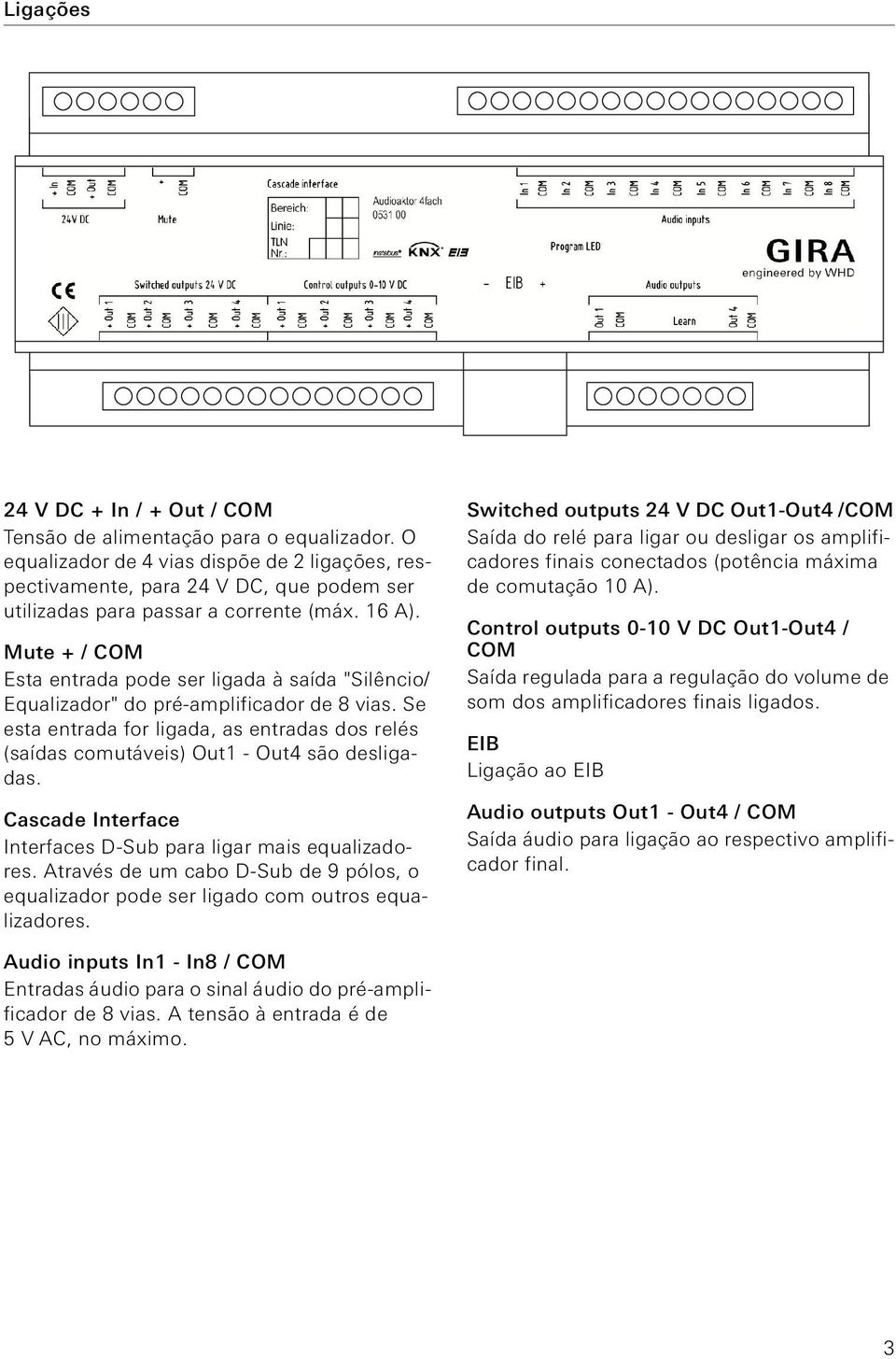 Se esta entrada for ligada, as entradas dos relés (saídas comutáveis) Out1 - Out4 são desligadas. Cascade Interface Interfaces D-Sub para ligar mais equalizadores.