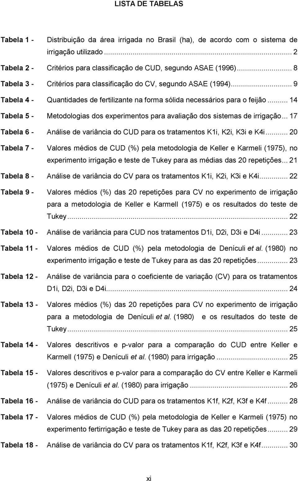.. 14 Tabela 5 - Metodologias dos experimentos para avaliação dos sistemas de irrigação... 17 Tabela 6 - Análise de variância do CUD para os tratamentos K1i, K2i, K3i e K4i.