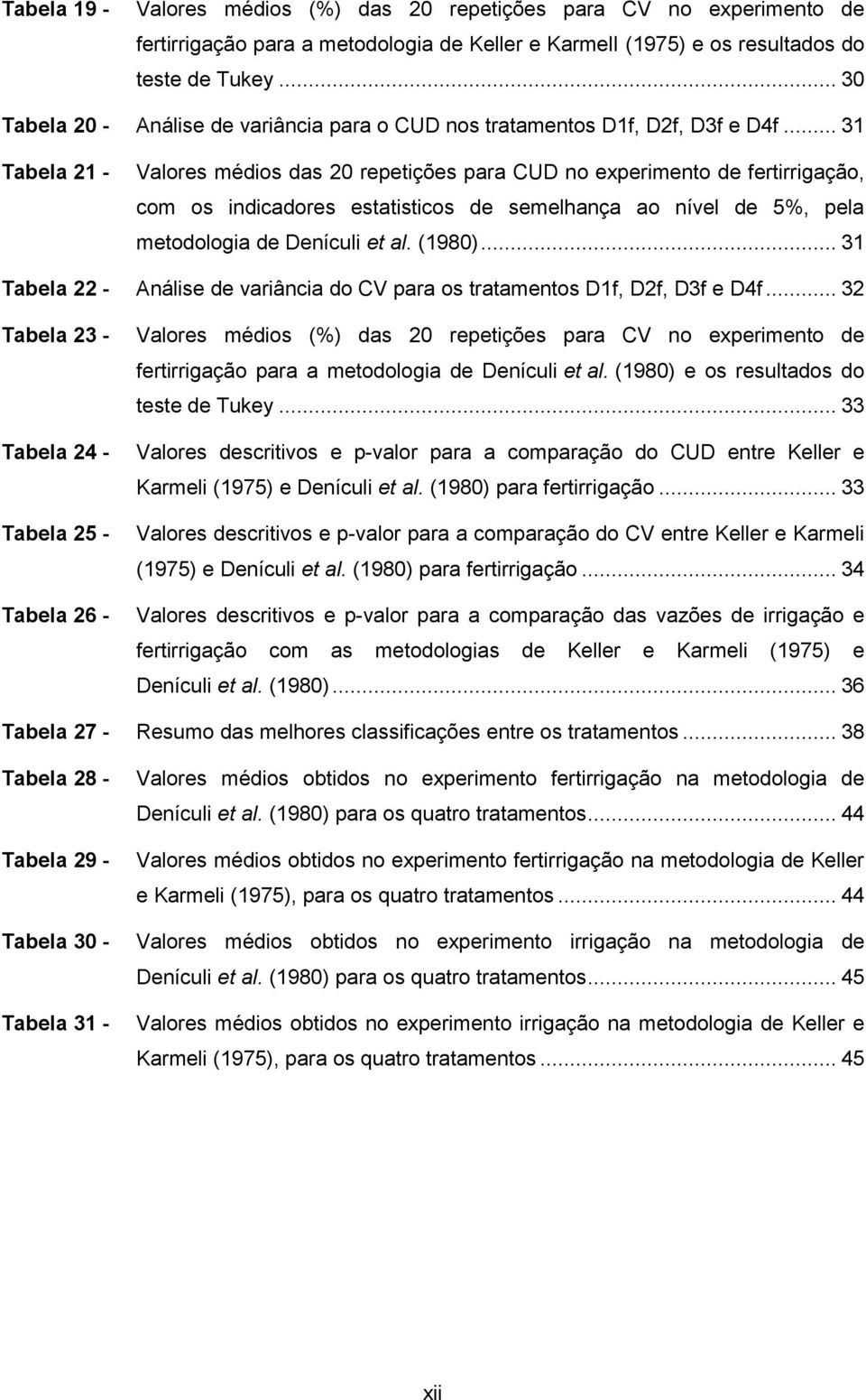 .. 31 Tabela 21 - Valores médios das 20 repetições para CUD no experimento de fertirrigação, com os indicadores estatisticos de semelhança ao nível de 5%, pela metodologia de Denículi et al. (1980).
