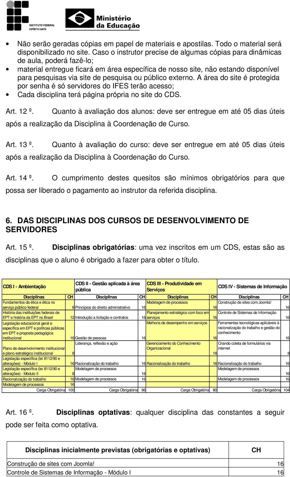 pesquisa ou público externo. A área do site é protegida por senha é só servidores do IFES terão acesso; Cada disciplina terá página própria no site do CDS. Art. 12 º.