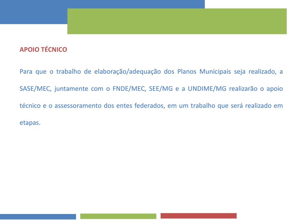 FNDE/MEC, SEE/MG e a UNDIME/MG realizarão o apoio técnico e o