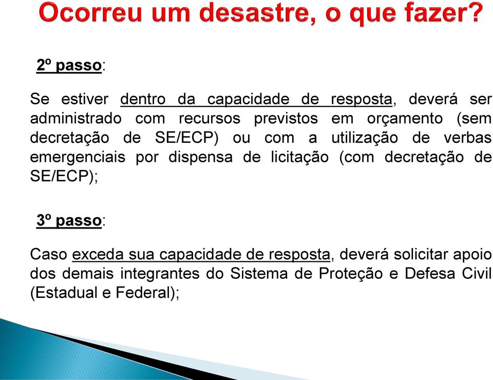 dispensa de licitação (com decretação de SE/ECP); 3º passo: Caso exceda sua capacidade de