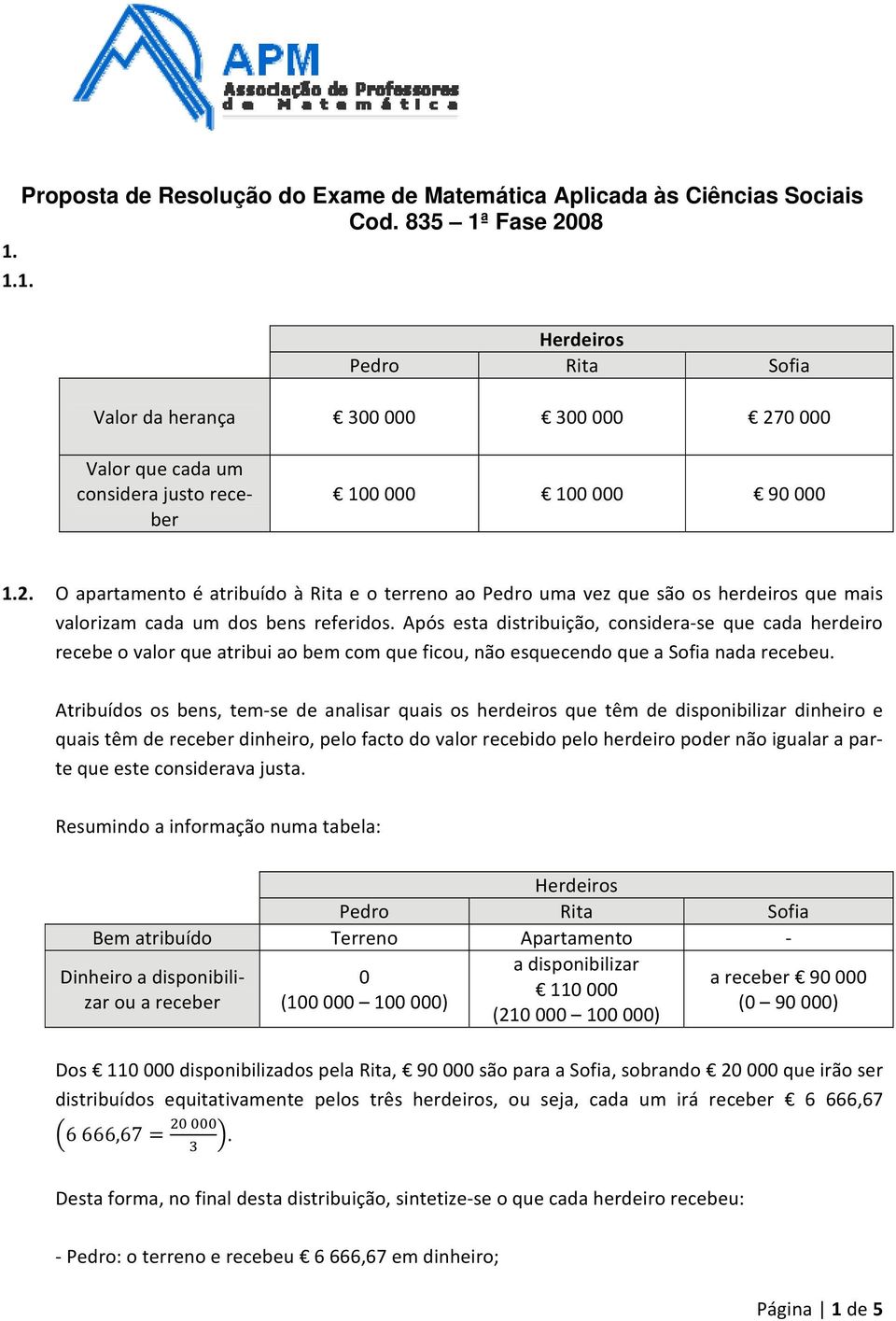 Após esta distribuição, considera se que cada herdeiro recebe o valor que atribui ao bem com que ficou, não esquecendo que a Sofia nada recebeu.