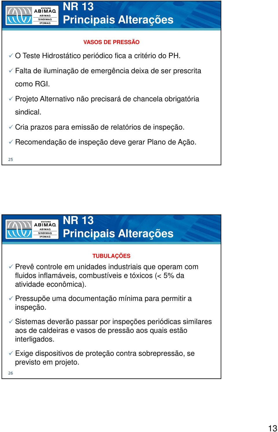 25 Principais Alterações Prevê controle em unidades industriais que operam com fluidos inflamáveis, combustíveis e tóxicos (< 5% da atividade econômica).