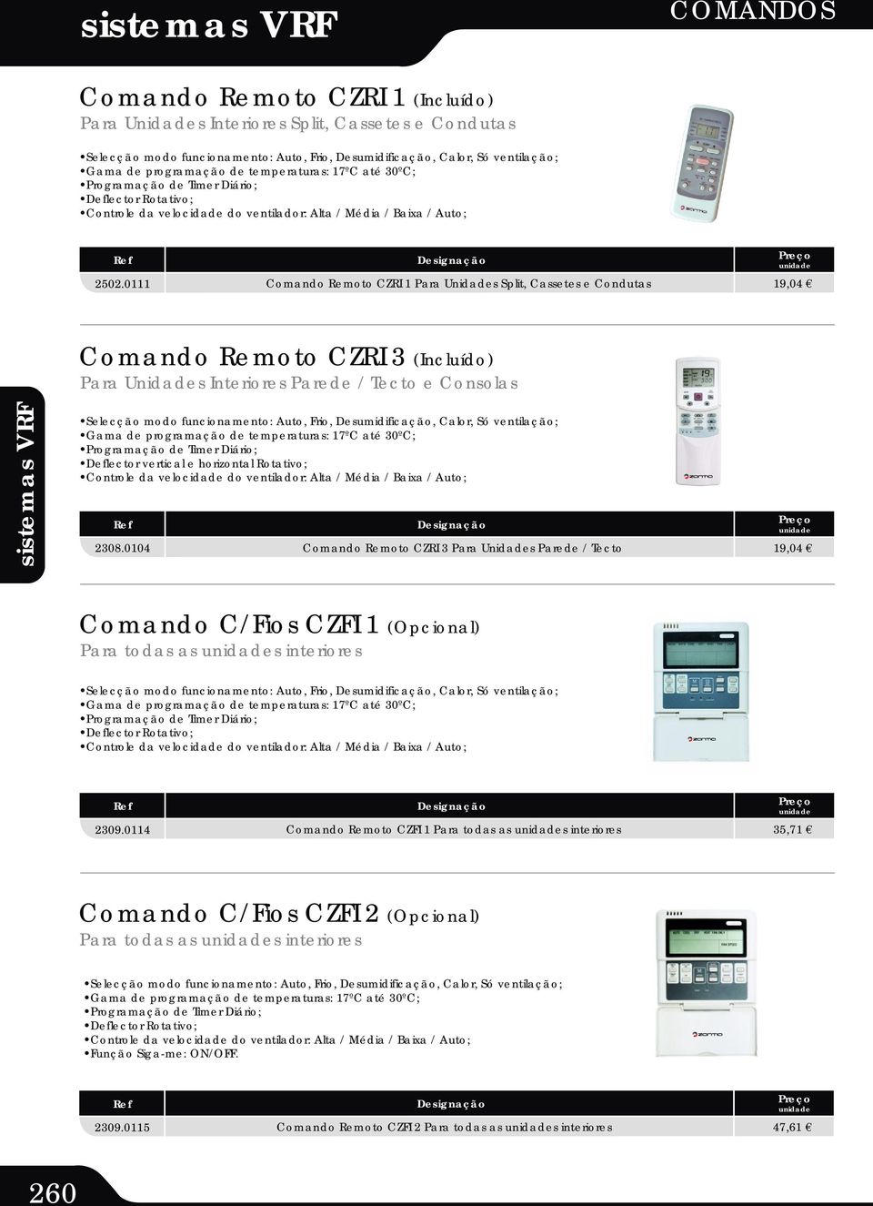 0111 Comando Remoto CZRI 1 Para Unidades Split, Cassetes e Condutas 19,04 Comando Remoto CZRI 3 (Incluído) Para Unidades Interiores Parede / Tecto e Consolas Selecção modo funcionamento: Auto, Frio,