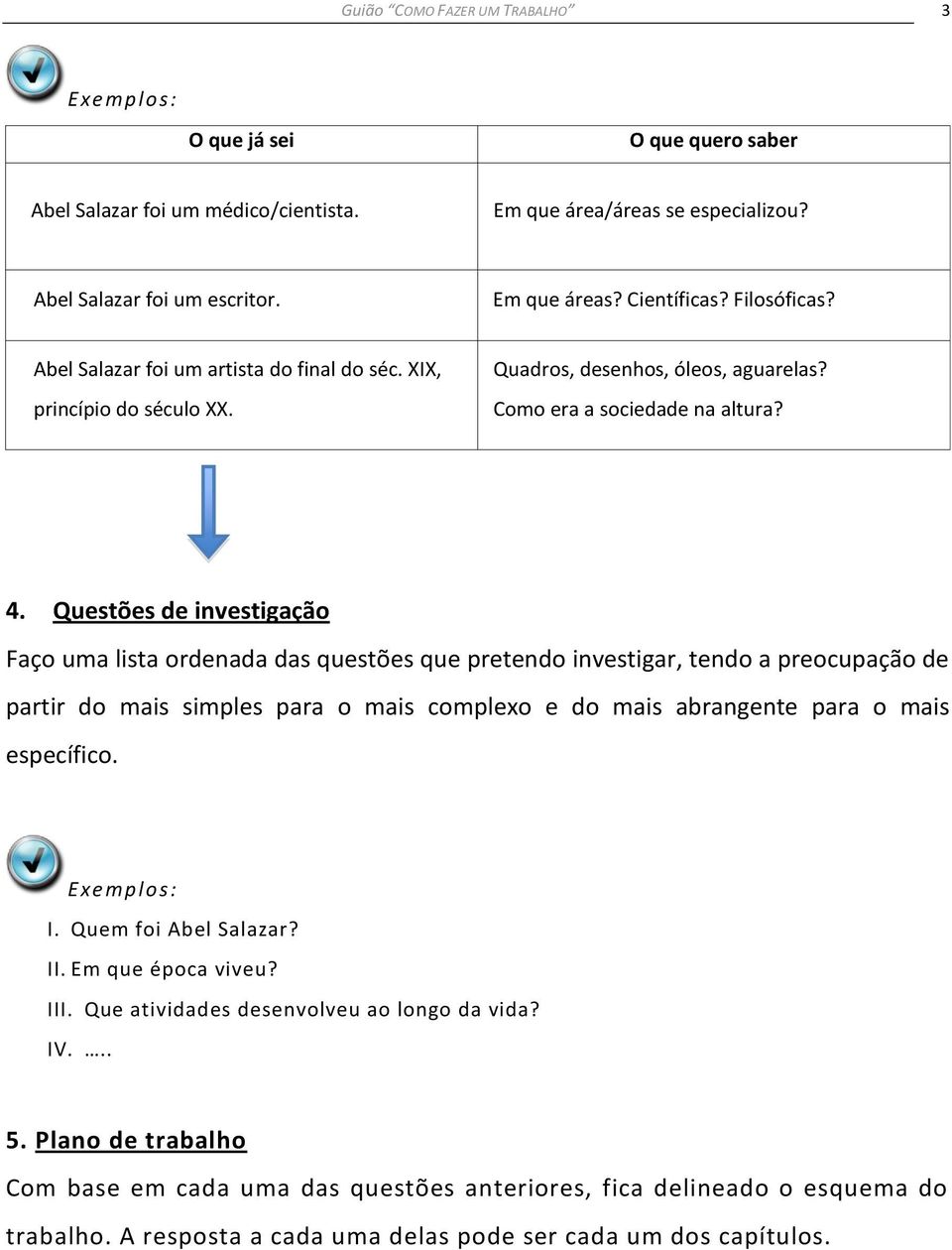 Questões de investigação Faço uma lista ordenada das questões que pretendo investigar, tendo a preocupação de partir do mais simples para o mais complexo e do mais abrangente para o mais específico.