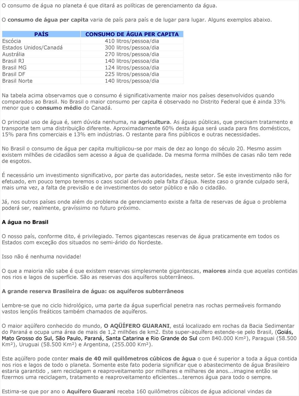 litros/pessoa/dia 124 litros/pessoa/dia 225 litros/pessoa/dia 140 litros/pessoa/dia Na tabela acima observamos que o consumo é significativamente maior nos países desenvolvidos quando comparados ao