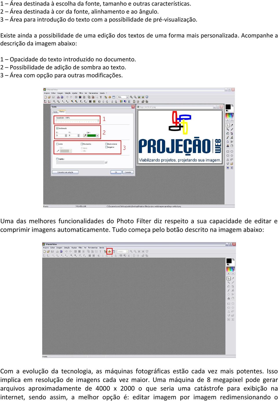 Acompanhe a descrição da imagem abaixo: 1 Opacidade do texto introduzido no documento. 2 Possibilidade de adição de sombra ao texto. 3 Área com opção para outras modificações.