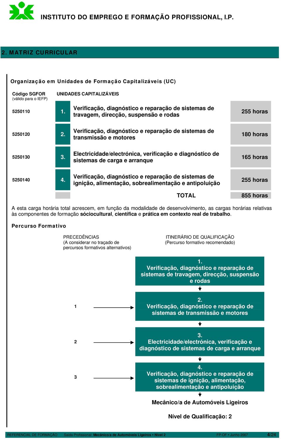 Verificação, diagnóstico e reparação de sistemas de transmissão e motores 180 horas 5250130 3. Electricidade/electrónica, verificação e diagnóstico de sistemas de carga e arranque 165 horas 5250140 4.