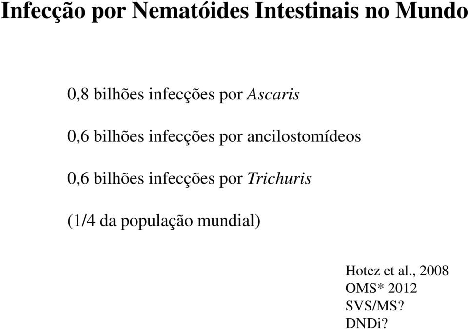 ancilostomídeos 0,6 bilhões infecções por Trichuris (1/4