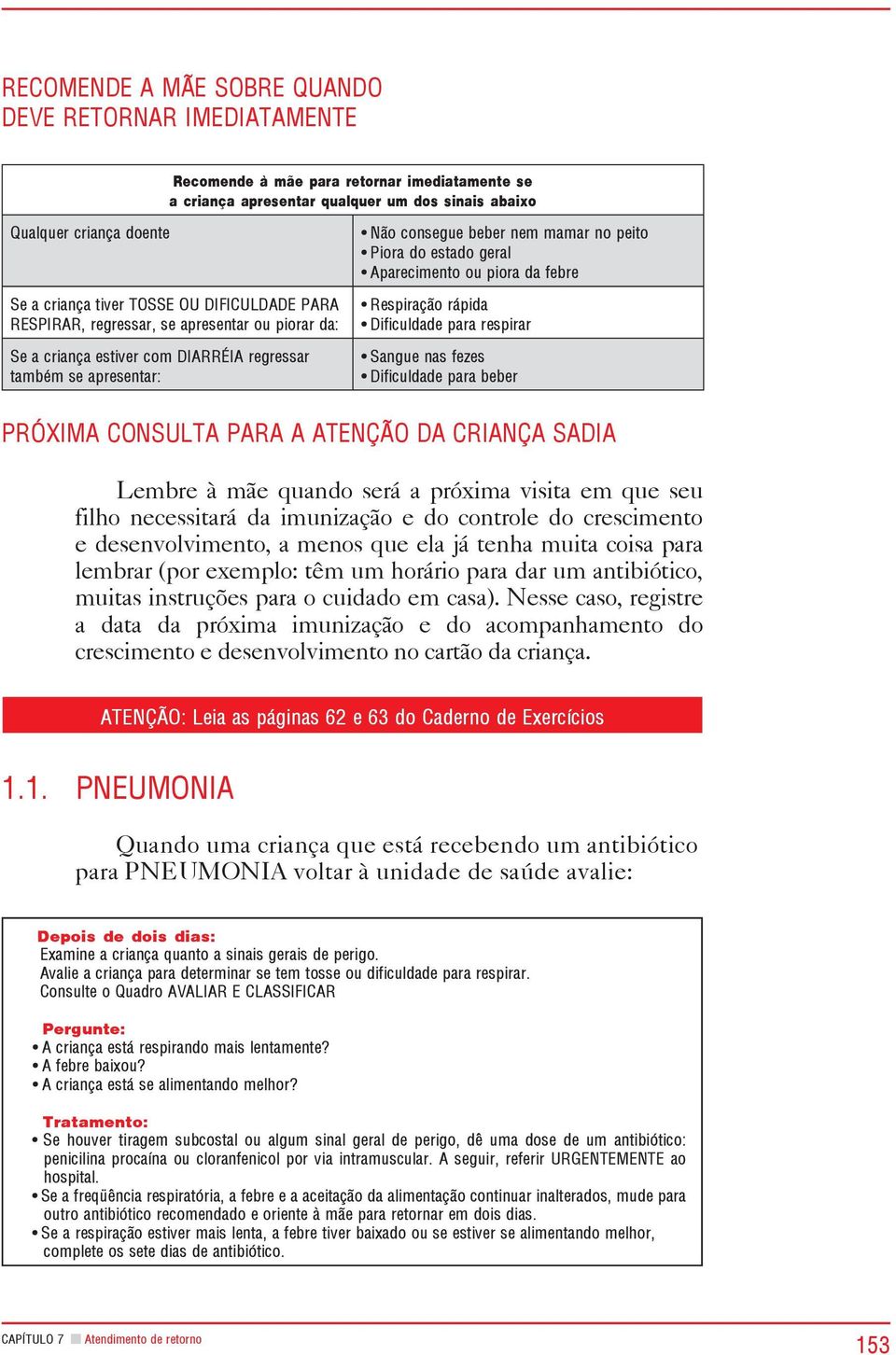 geral Aparecimento ou piora da febre Respiração rápida Dificuldade para respirar Sangue nas fezes Dificuldade para beber PRÓXIMA CONSULTA PARA A ATENÇÃO DA CRIANÇA SADIA Lembre à mãe quando será a