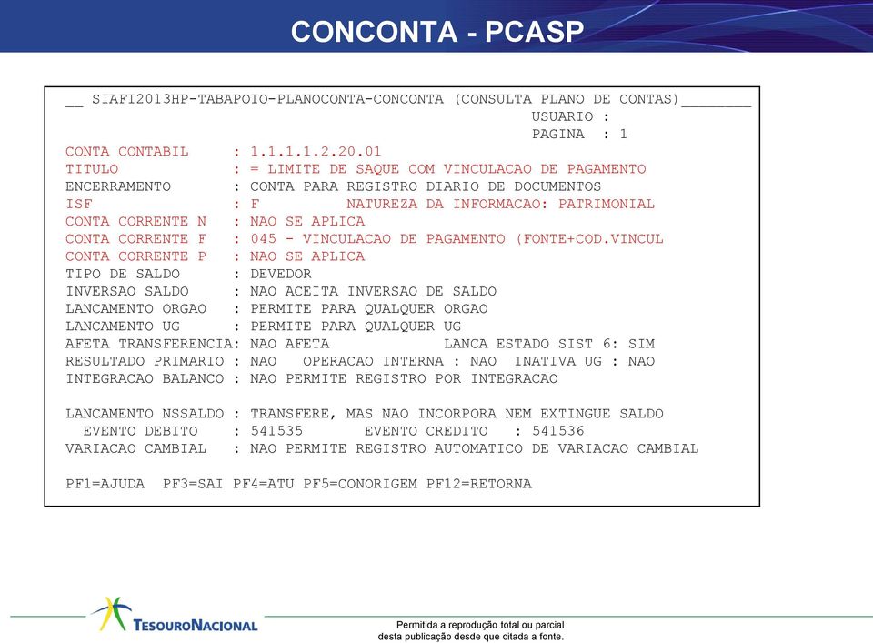 01 TITULO : = LIMITE DE SAQUE COM VINCULACAO DE PAGAMENTO ENCERRAMENTO : CONTA PARA REGISTRO DIARIO DE DOCUMENTOS ISF : F NATUREZA DA INFORMACAO: PATRIMONIAL CONTA CORRENTE N : NAO SE APLICA CONTA