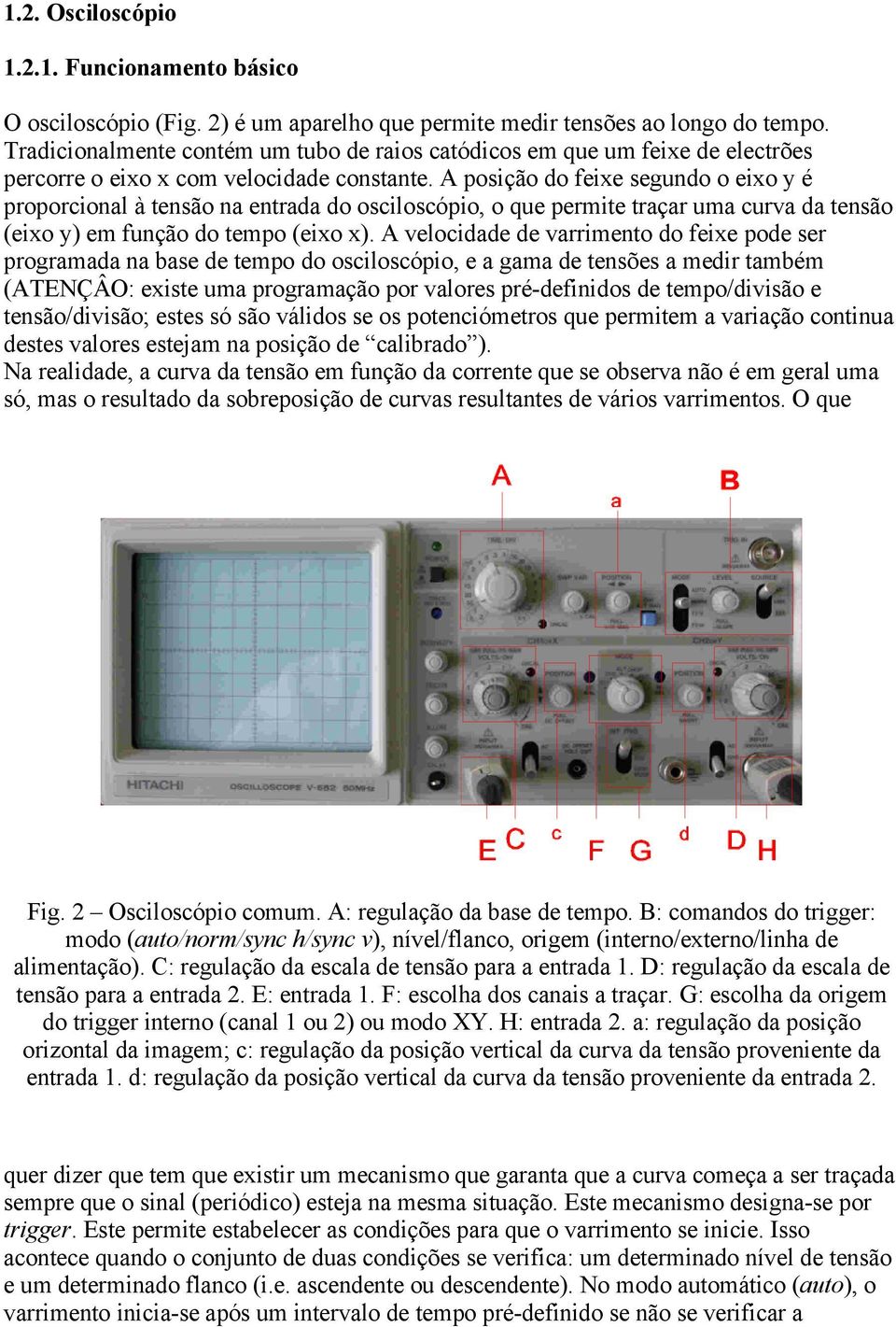 A posição do feixe segundo o eixo y é proporcional à tensão na entrada do osciloscópio, o que permite traçar uma curva da tensão (eixo y) em função do tempo (eixo x).