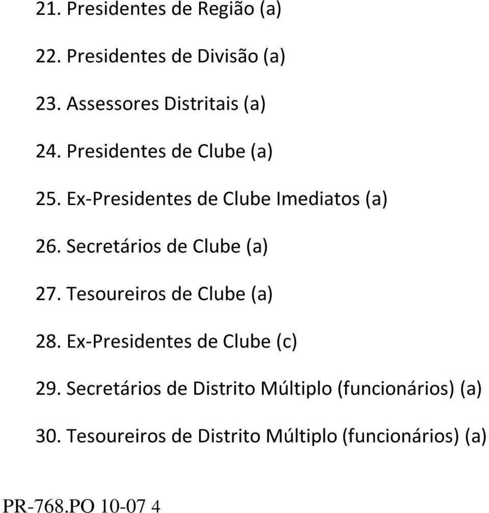 Secretários de Clube (a) 27. Tesoureiros de Clube (a) 28. Ex-Presidentes de Clube (c) 29.