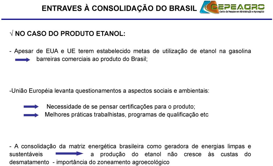 Melhores práticas trabalhistas, programas de qualificação etc - A consolidação da matriz energética brasileira como geradora de energias limpas e - A consolidação da