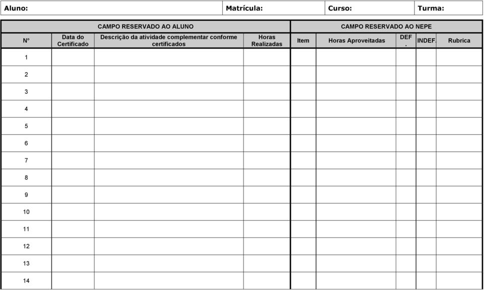 complementar conforme certificados Horas Realizadas Item Horas