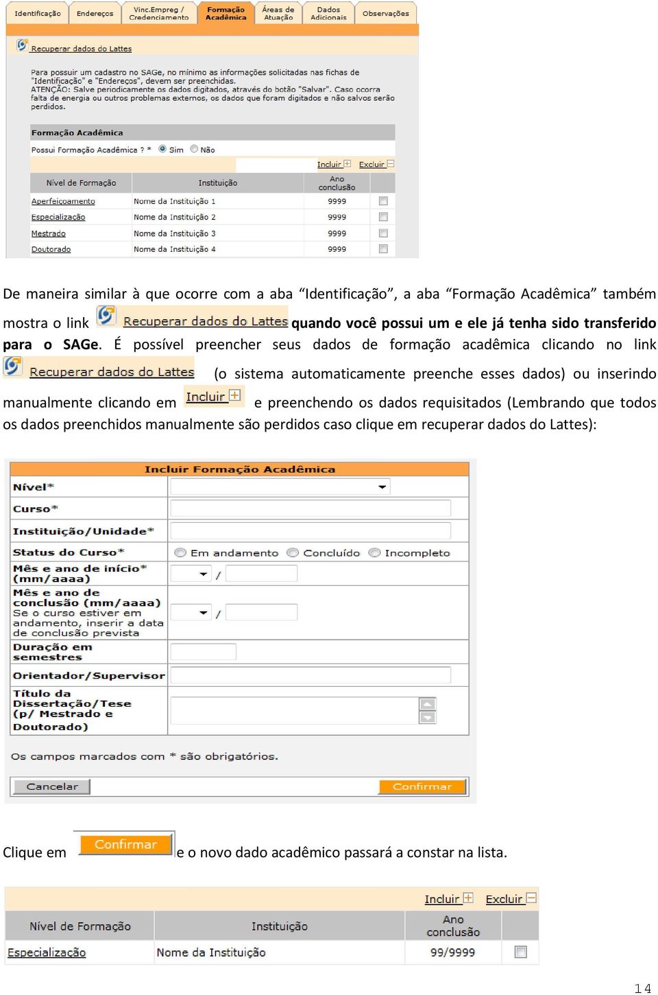 É possível preencher seus dados de formação acadêmica clicando no link (o sistema automaticamente preenche esses dados) ou inserindo