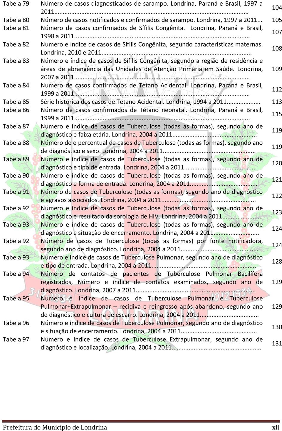 .. 107 Tabela 82 Número e índice de casos de Sífilis Congênita, segundo características maternas. Londrina, 2010 e 2011.